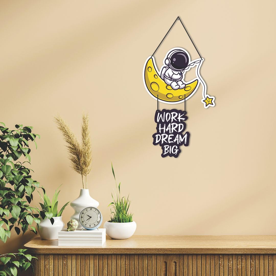 Cvanu Work Hard Dream Big & Little Astronaut Space Theme Wooden Wall Hanging Board For Wall Decoration (23Inchx11.8Inch)_S283