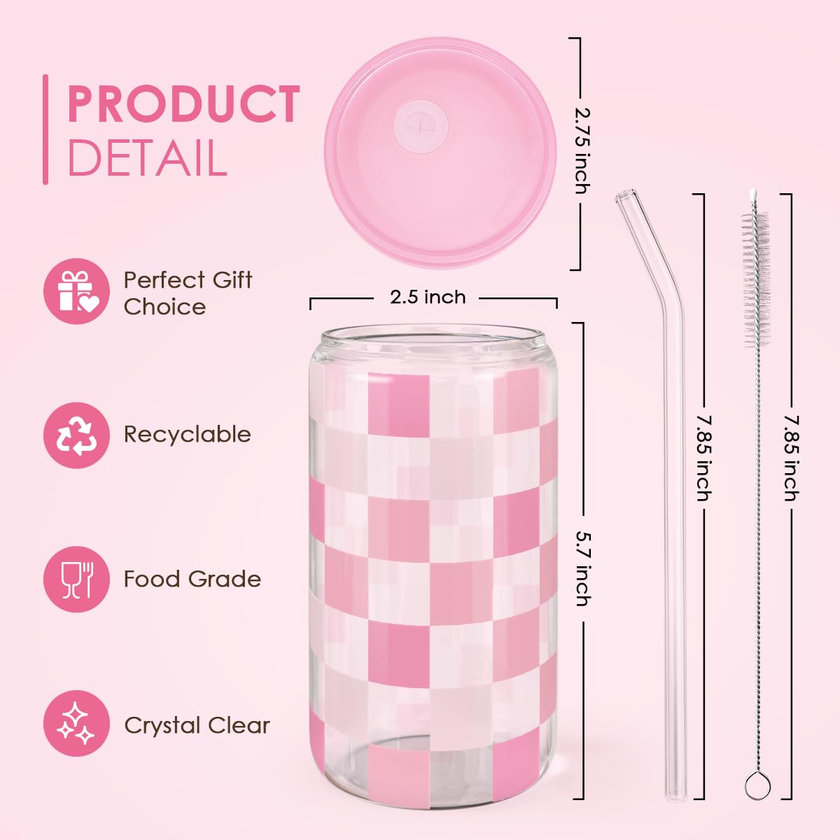 Checker 16 Oz Can Glass Tumbler with Acrylic Lid and Straw - Iced Coffee Cups for Women, Aesthetic Glass Cup Gift for Birthday C