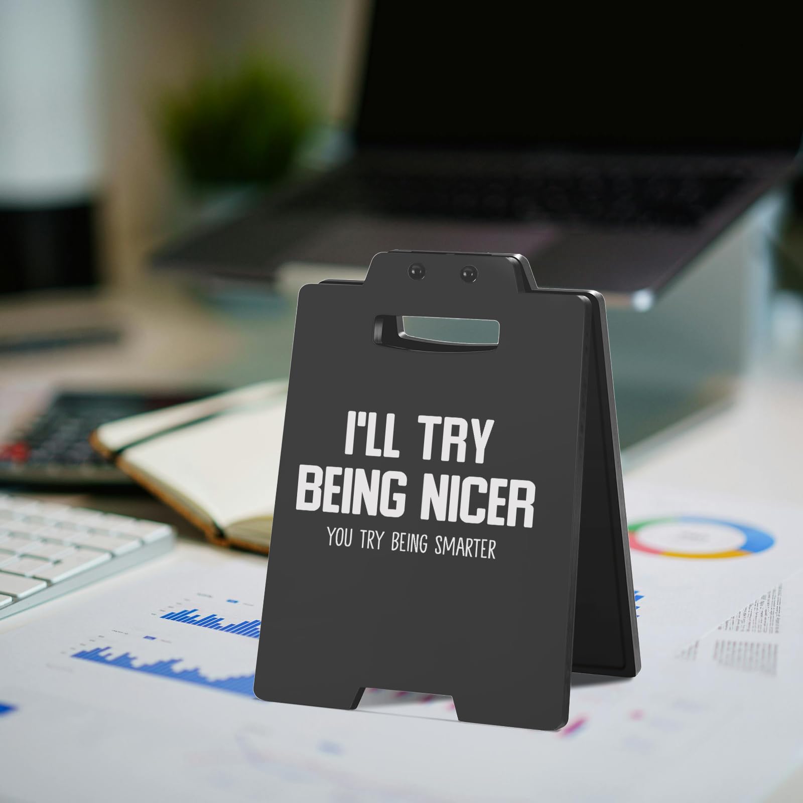 Funny Desk Sign - I'LL TRY BEING NICER, YOU TRY BEING SMARTER | Black Cubicle Decor, Humorous Office Desk Accessories for Women