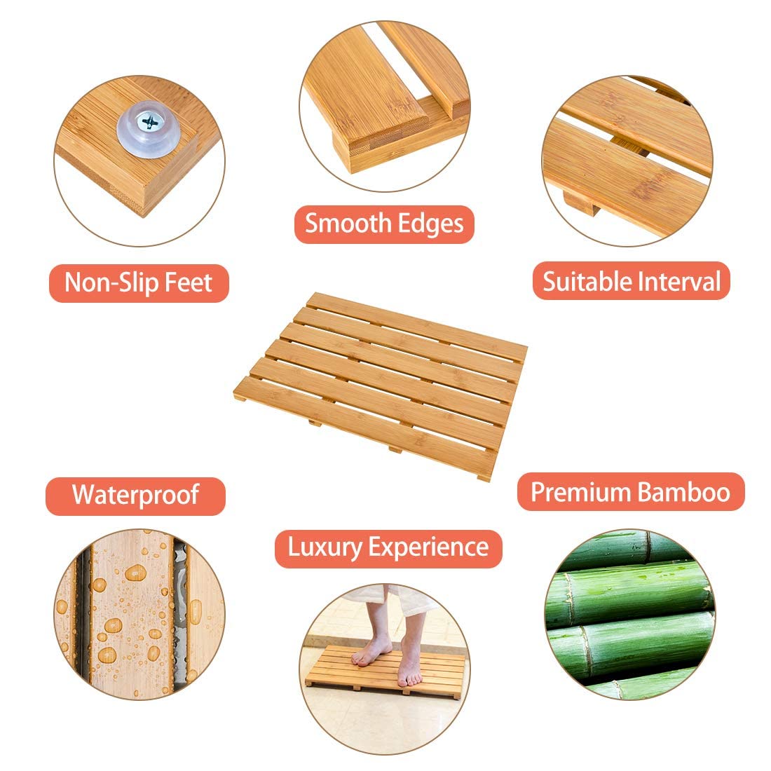 Bath Mat For Luxury Shower - Non-Slip Bamboo Sturdy Water Proof Bathroom Carpet For Indoor Or Outdoor Use