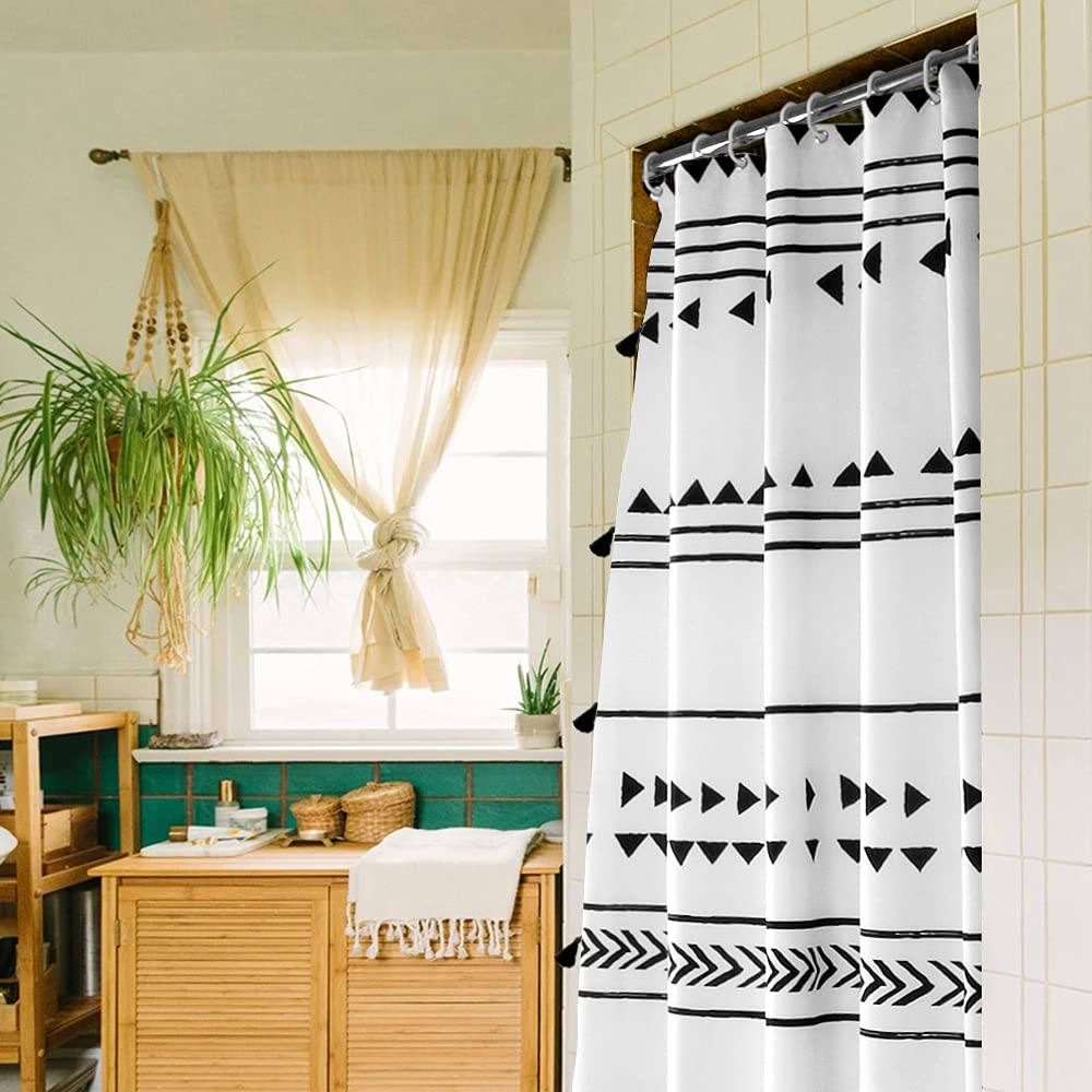 Uphome Extra Long Fabric Shower Curtain For Bathroom, Black And White Boho Shower Curtain Set Chic Triangle Geometric Tassel Clo