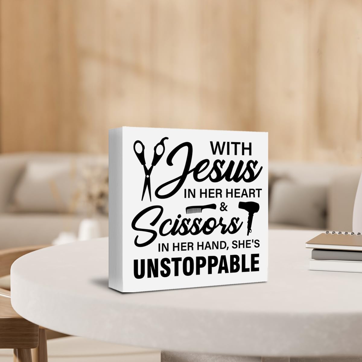 Hair Salon Decor Hairdresser Hairstylist Gifts for Women, Hair Stylist Wood Sign with Jesus in Her Heart and Scissors Wooden Box