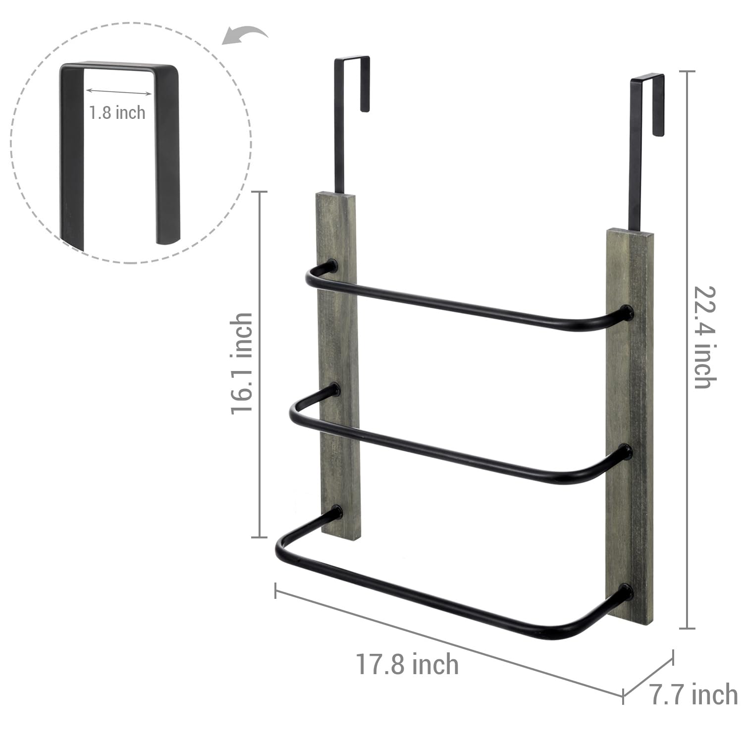 Mygift Modern Over The Door Towel Rack In Vintage Gray Solid Wood And 3 Tier Matte Black Metal Bars, Space Saving Bathroom Stora