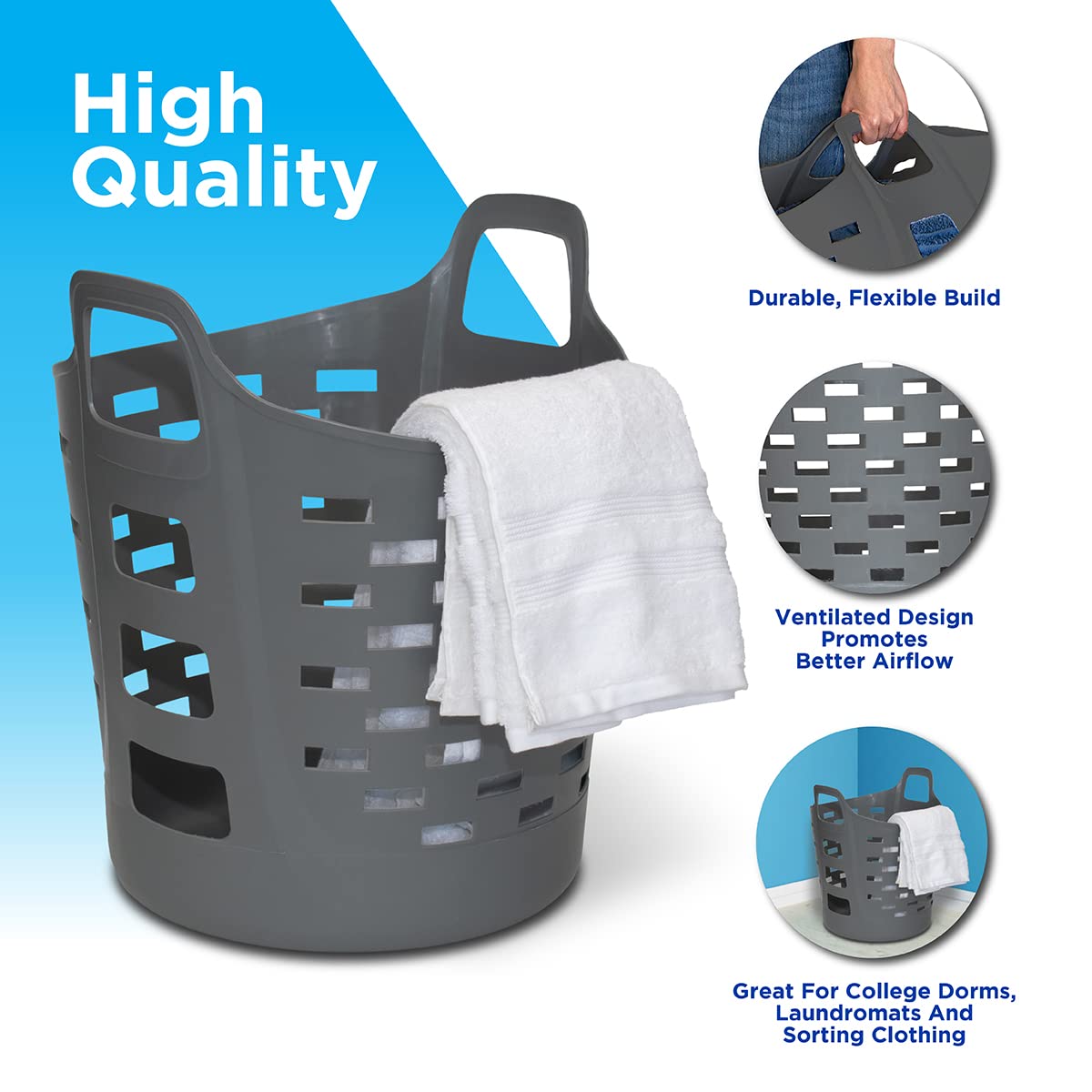 Clorox Flexible Laundry Basket - Plastic Hamper For Clothes, Bedroom, And Storage - Portable Round Bin With Carry Handles, 1 Bus