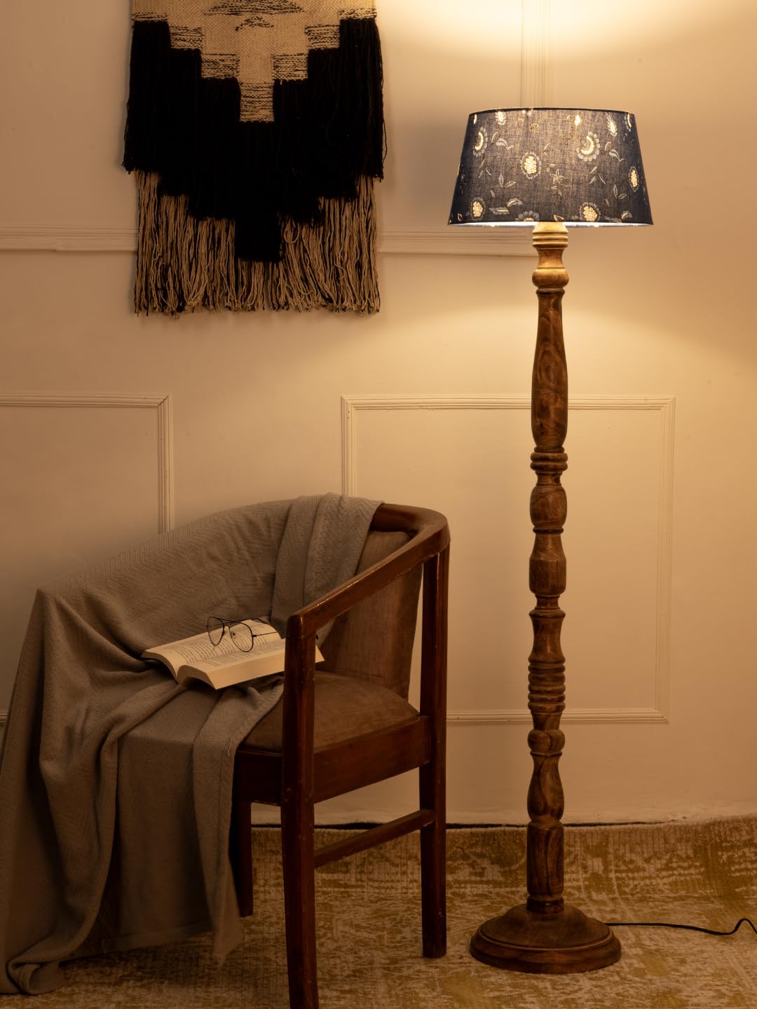 Green Girgit Wooden Brown Floor Lamp With Taper Blue Creeper Multicolor Lamp Shade Rustic Wooden Floor Lamp With Blue Floral Sha