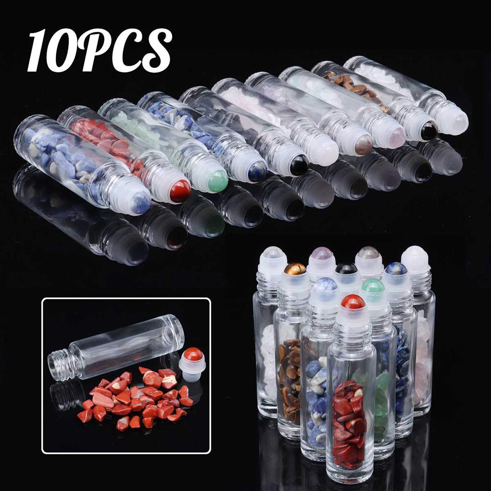 Clear Glass Roller Bottles,10 Pack 10Ml 0.33Fl Oz Gemstone Roller Ball For Essential Oils,Natural Crystal Stones Roller Balls Wi