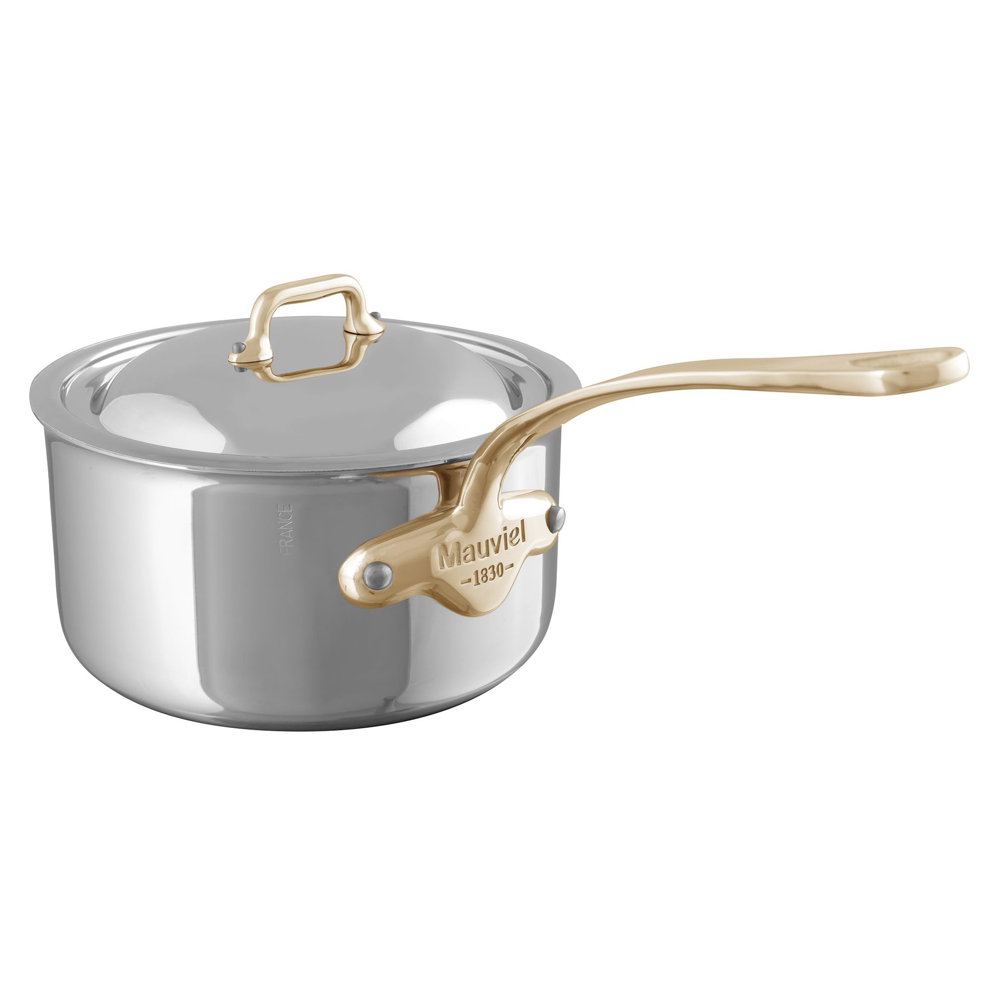 Mauviel MCook B 5Ply Polished Stainless Steel Sauce Pan With Lid, And Brass Handle, 1.8 Qt, Made In France
