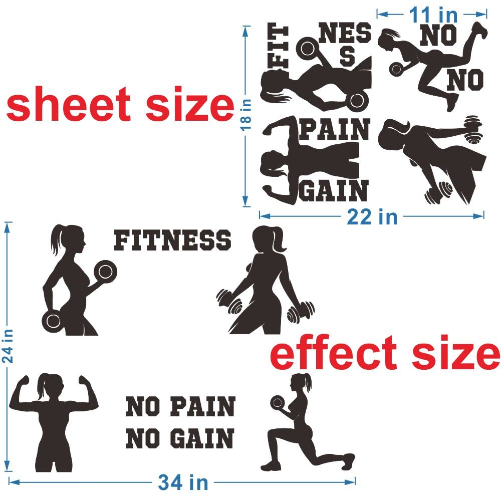 Anfrjji Women Fitness Wall Decal - Pvc Removable Vinyl Sticker - No Pain No Gain Quote With Girl Lifting Weights - Gym And Home