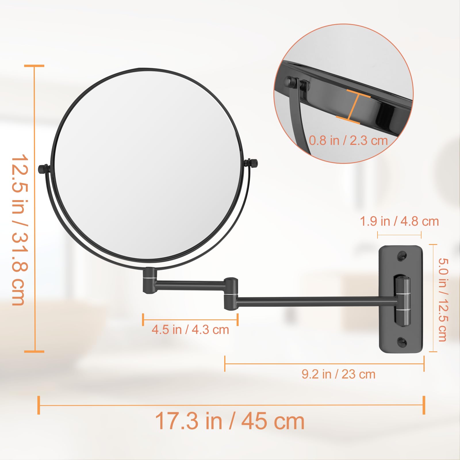 FFowcye 8" Wall Mounted Magnifying Makeup Mirror, 1X/10X, 360° Swivel, Black, Model FF018-DE, Extendable Vanity Mirror for Bathroom