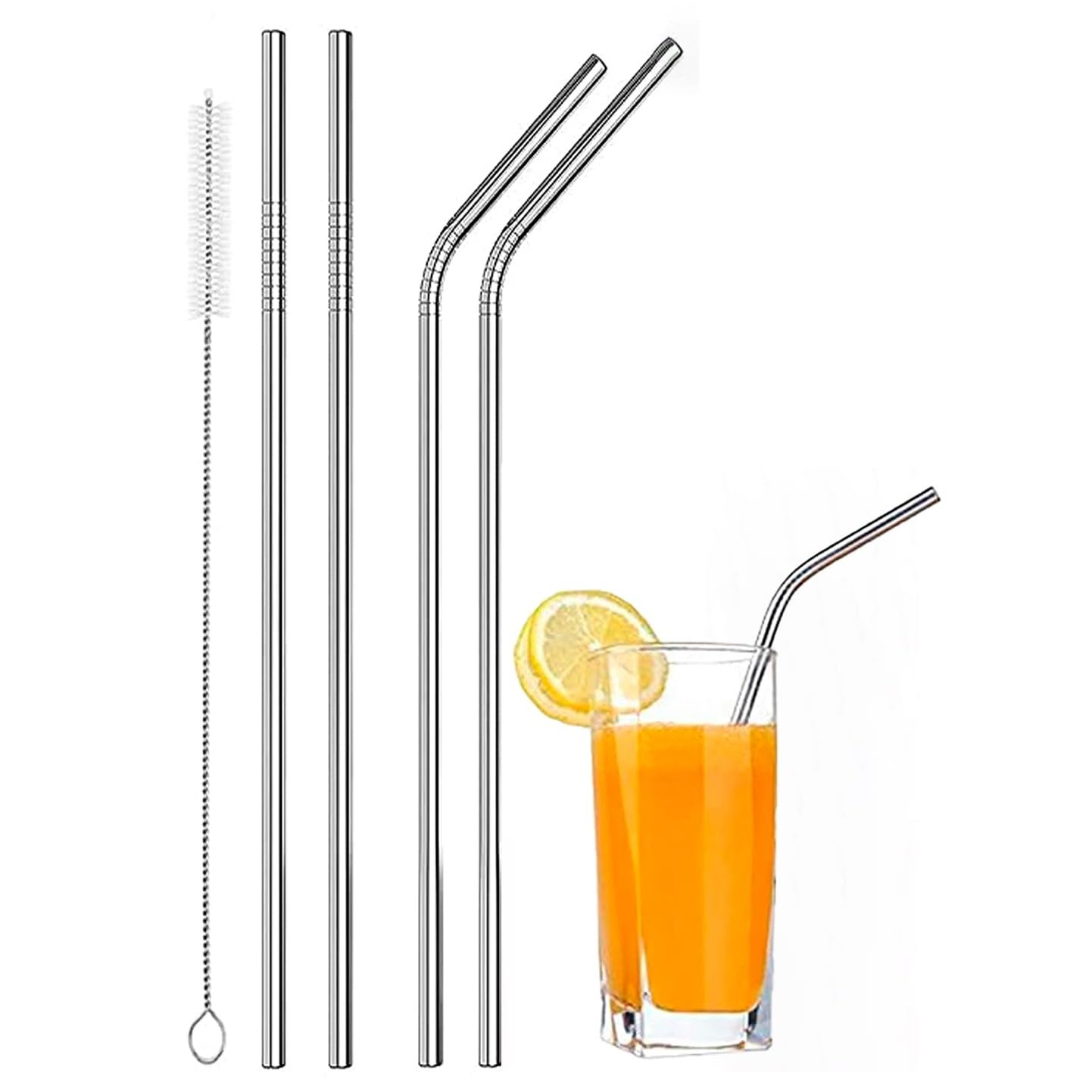 Tiener Reusable Stainless Steel Straws For Drinking With Brushes 8.5 Inches BpaFree Metal, Thick, Long (2 Bent + 2 Straight +1 