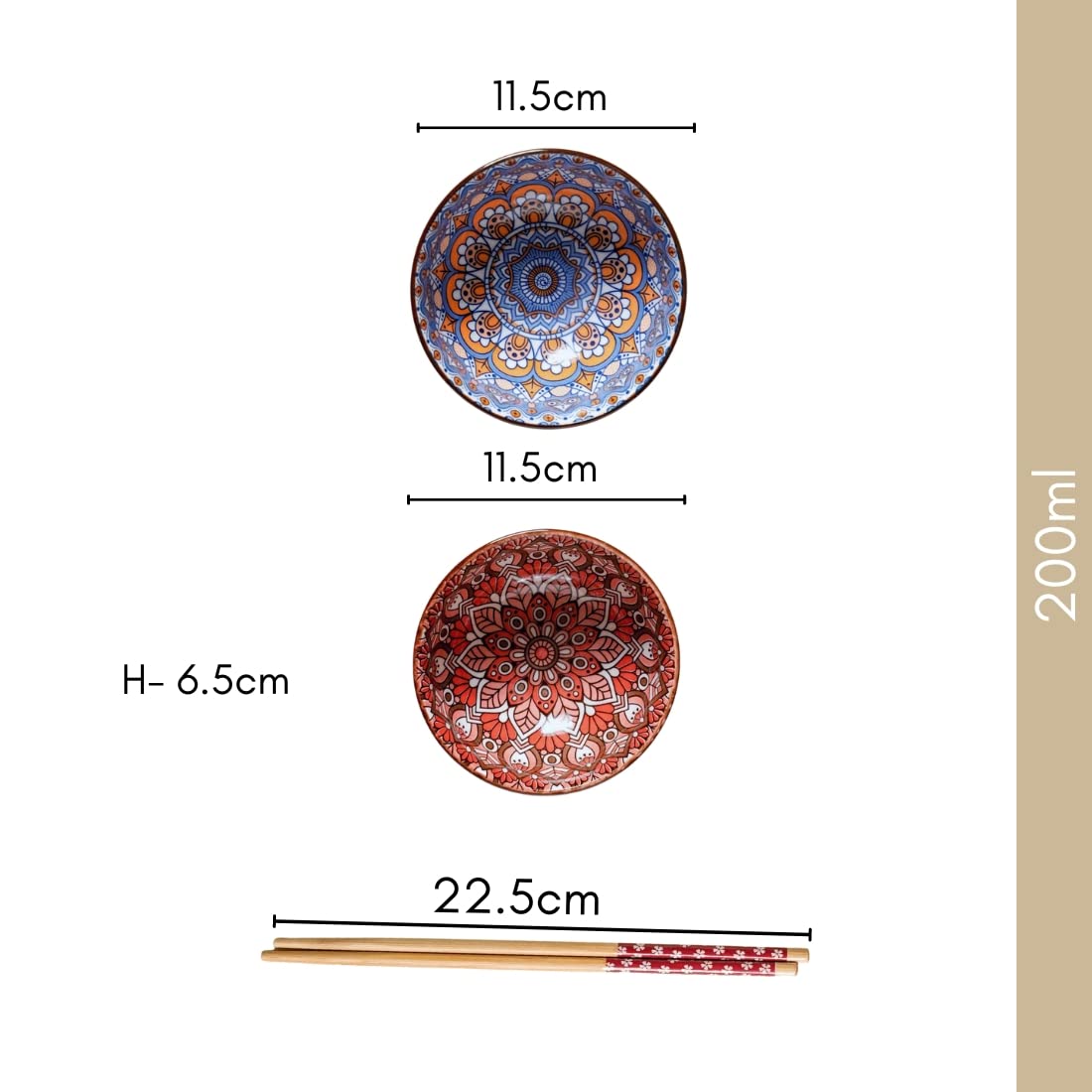 Nestasia Ceramic Bowl Set Of 6 With Chopsticks | Microwave & Dishwasher Safe Bowl With Mandala Pattern | Perfect For Snacks, Sou