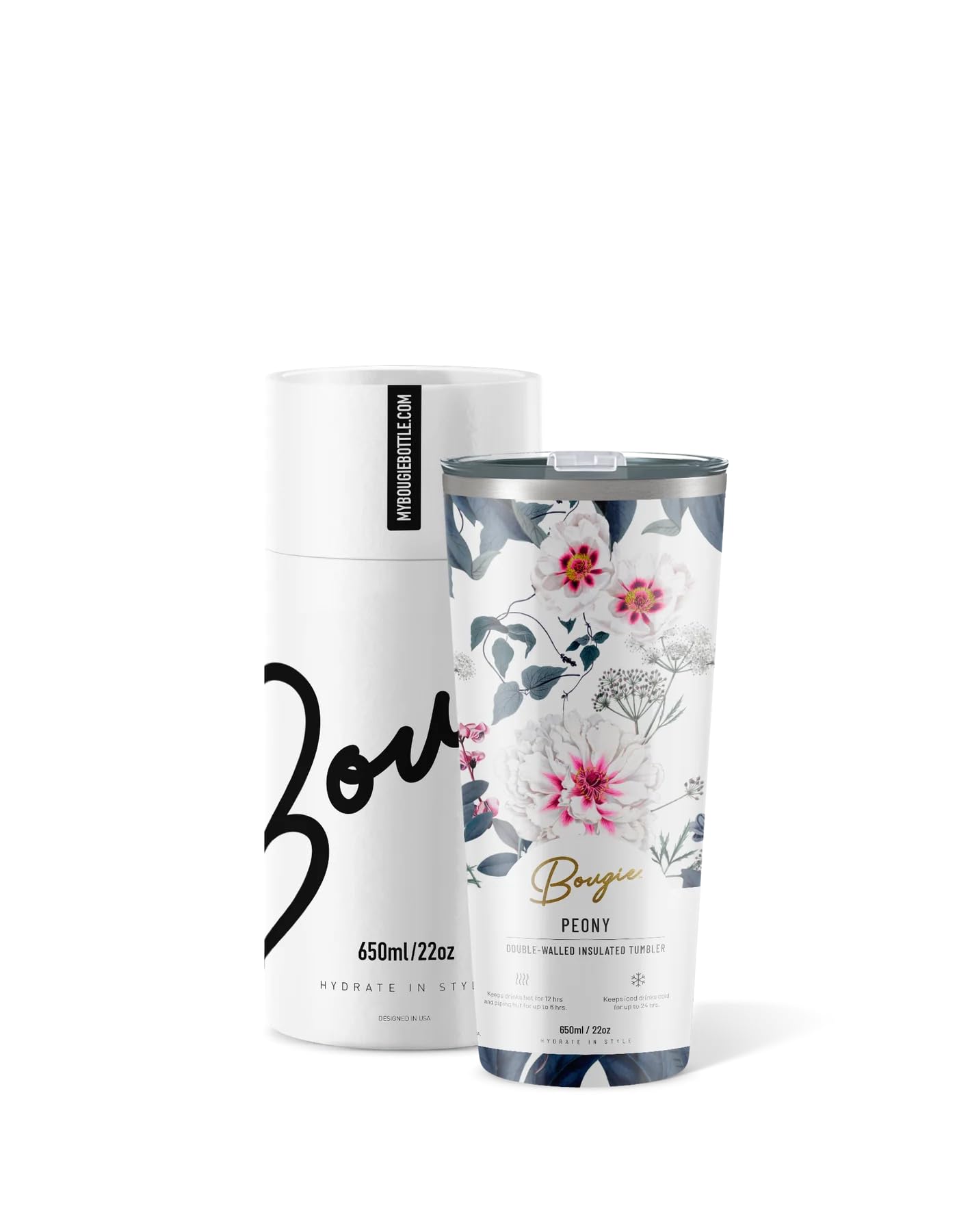 Bougie Peony Insulated Tumbler, Gift Tube, 22Ounces, Stainless Steel, Multicolor, Kitchen Dcor