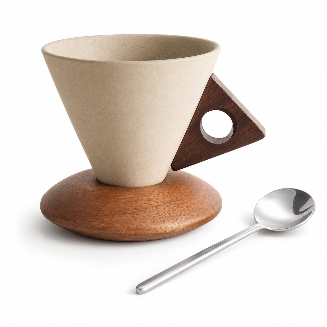 linjnxz Cone Ceramic Coffee Mug Set, 8.45 oz Cream Beige with Wood Base