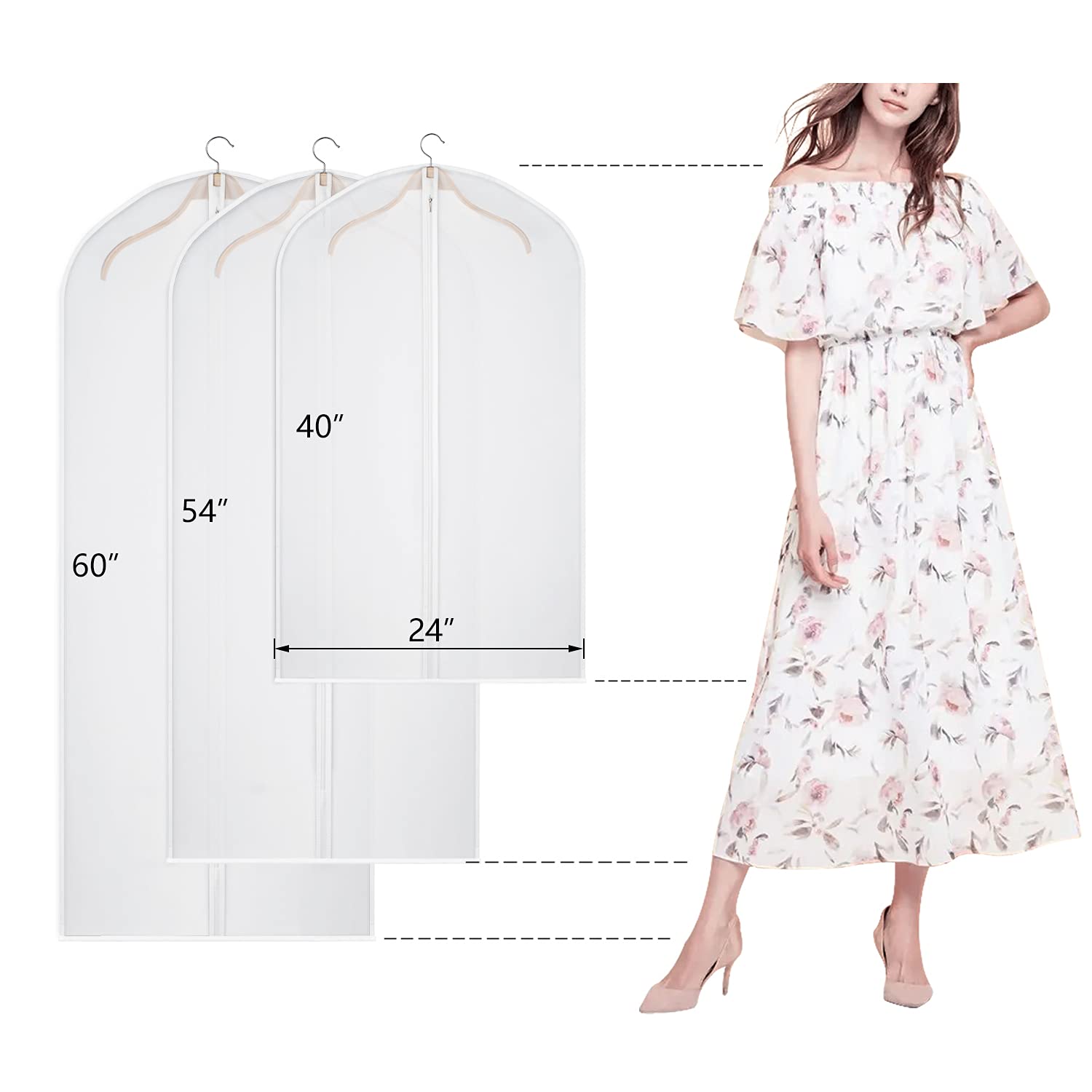 Kntiwiwo Garment Bags Dress Bag for Storage 60 inches Dust-Proof Suit Protector Cover Bag with Zipper for Long Dresses  Suit  Coat Closet Clothes Storage  Set of 12