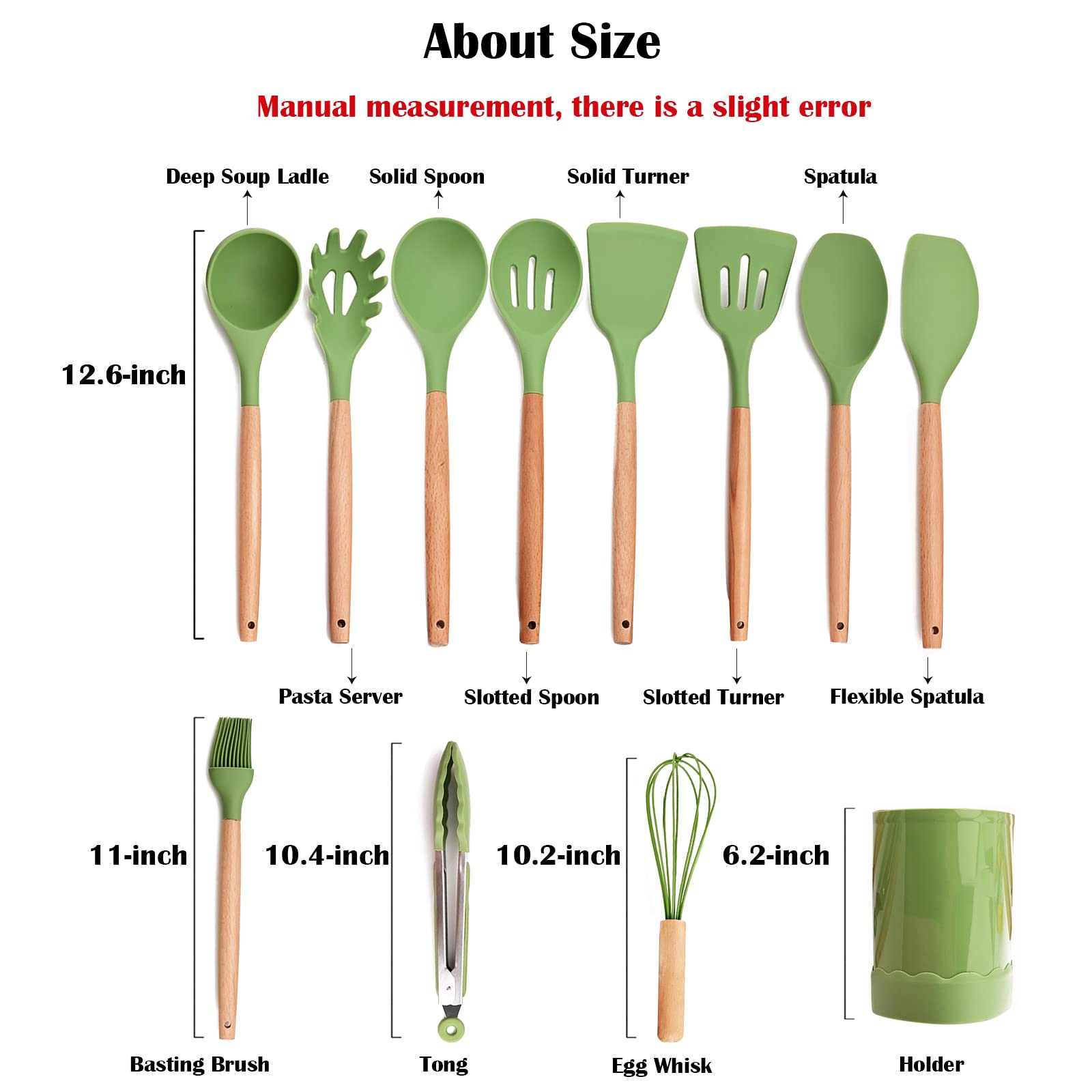 Briiec Avocado Green Silicone Cooking Utensil Set, 12Pcs Kitchen Utensils Heat Resistant Cooking Tools With Wooden Handle, Kitch