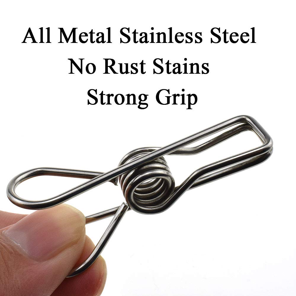 HAHIYO Clothespins Chip Clips All Metal Stainless Steel No Rust Stains Strong Grip in Heavy Wind 2 Inches 24 Pack Do Not Fall Apart Open Wide for Holding Clothes Snack Bag Clamps