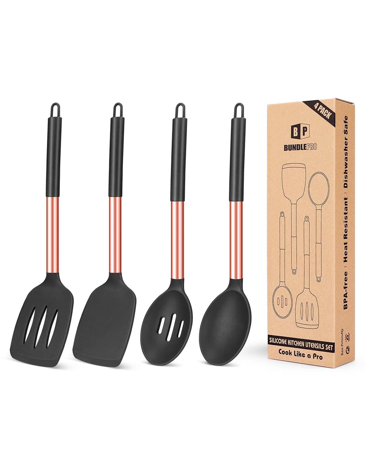 Pack Of 4 Silicone Cooking Utensils Set, Non Stick Large Solid Spatulas, Heat Resistant Rose Gold Black Slotted Spoons, Ideal Bp