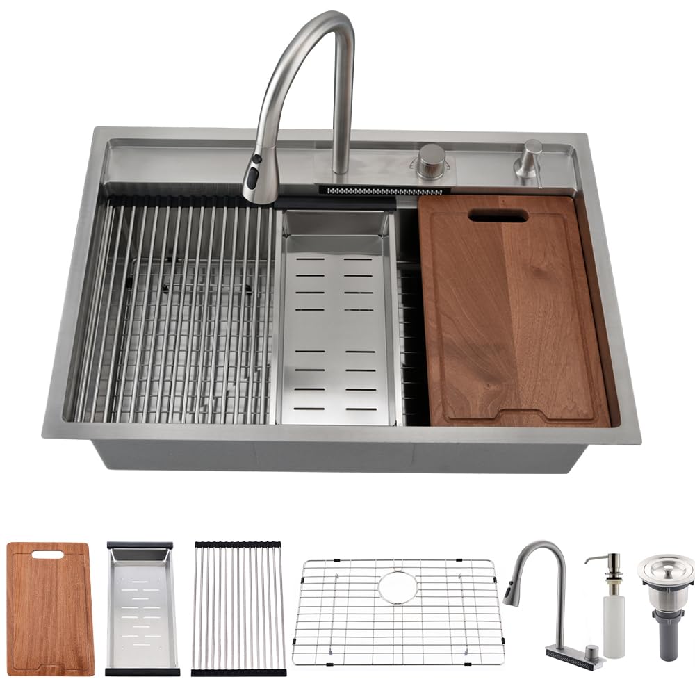 33 Inch Drop In Waterfall Kitchen Sink Workstation-Bokaiya 33X19 Drop In Kitchen Sink Workstation Sink 16 Gauge Deep Stainless S