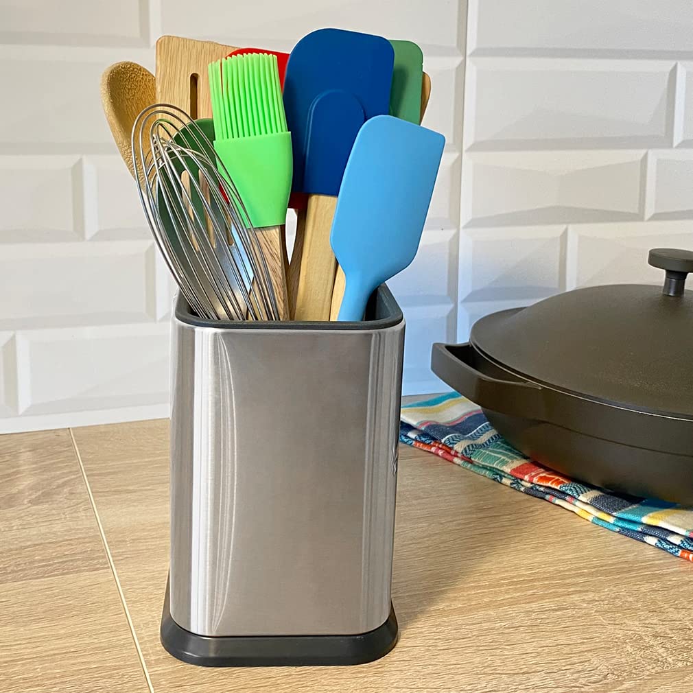 Evelots Stainless Steel Kitchen Utensil Holder For Countertop, 6.75 Inch Tall Cooking Utensil Crock Can Store Up To 15 Big Utens