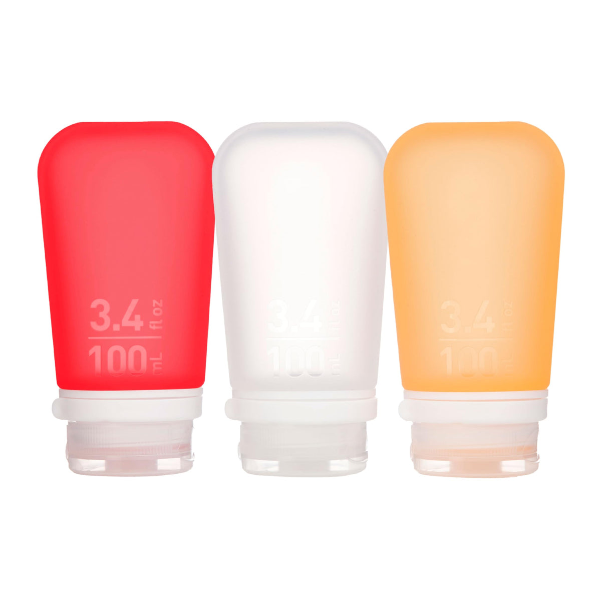 Humangear Gotoob+ 3-Pack (Large) | Refillable Silicone Travel Bottle | Locking Lid | Food-Safe Material, Clear/Red/Orange, Large