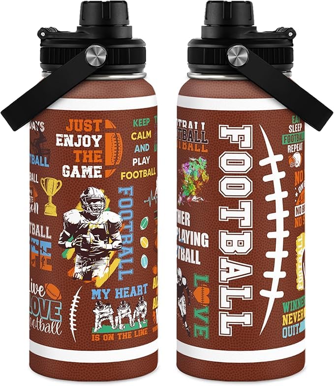 American Football Insulated Stainless Steel Water Bottle 32oz, Vacuum Chug Lid Travel Tumbler for Men Friends Dad Football Lover