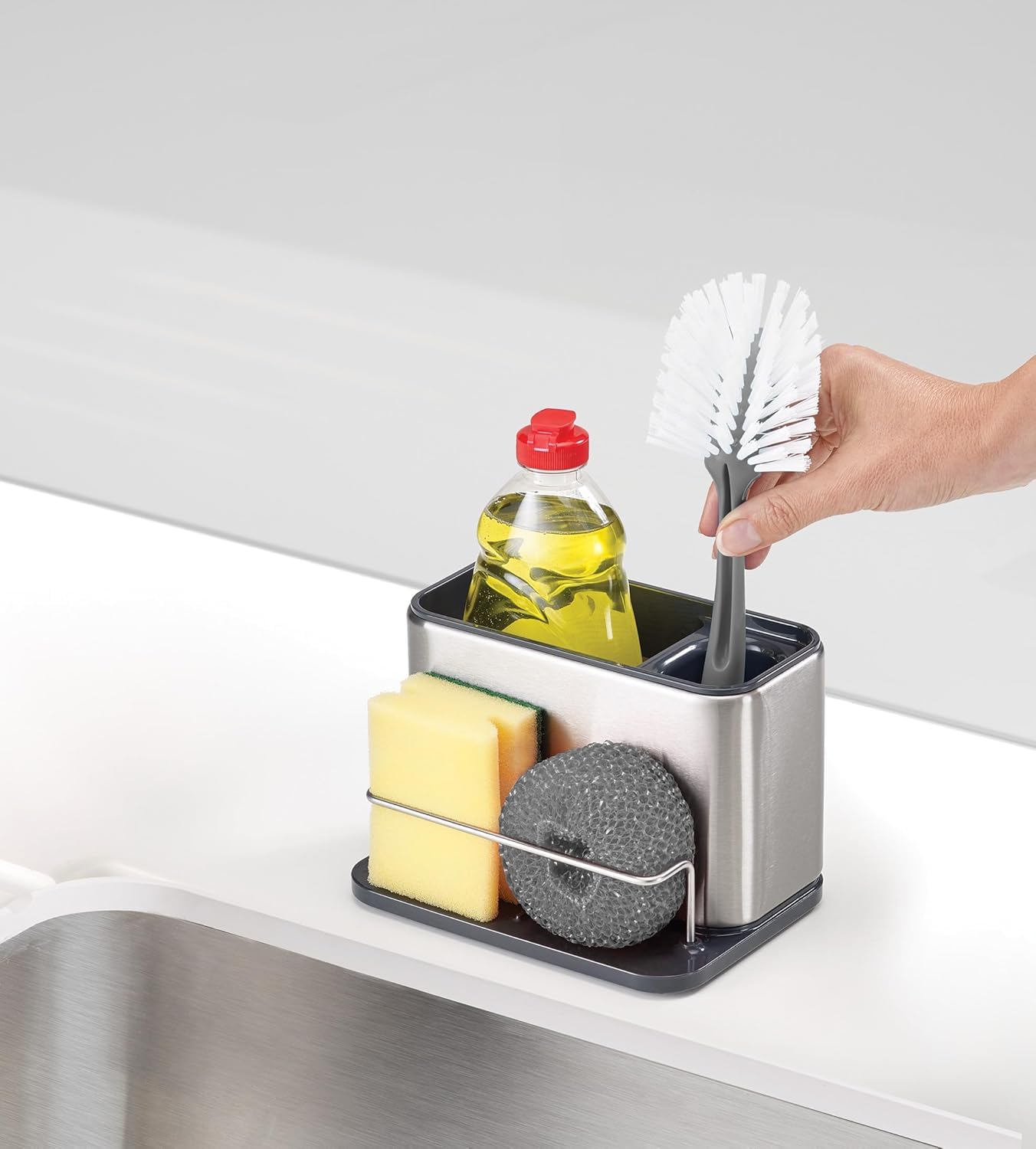 Joseph Joseph 85112 Surface Sink Caddy Stainless Steel Sponge Holder Organizer Tidy Drains Water for Kitchen  Large  Grey