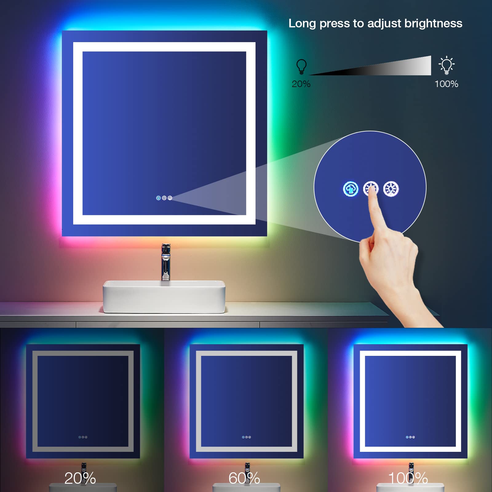 Loaao 36''X36'' Led Bathroom Mirror With Lights, Anti-Fog, Dimmable, Rgb Backlit + Front Lighted, Bathroom Vanity Mirror For Wal