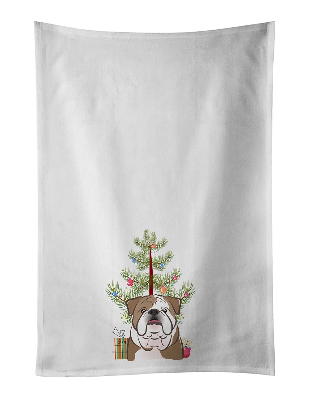 Christmas Tree and English Bulldog  White Kitchen Towel Set of 2