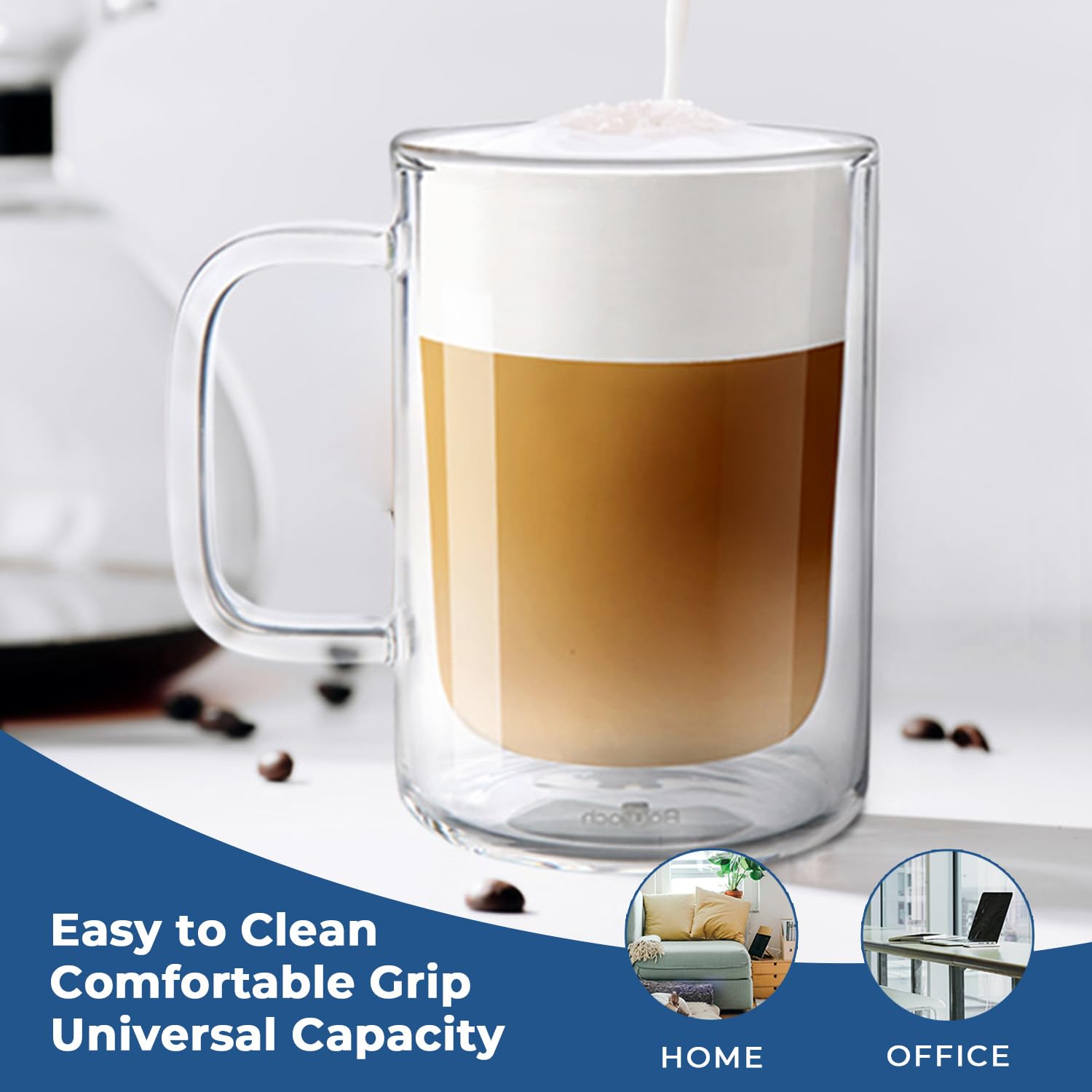 Aquach 12 Oz Double Walled Glass Coffee Mugs With Handle, 2-Pack - Ideal For Latte, Cappuccino And Tea