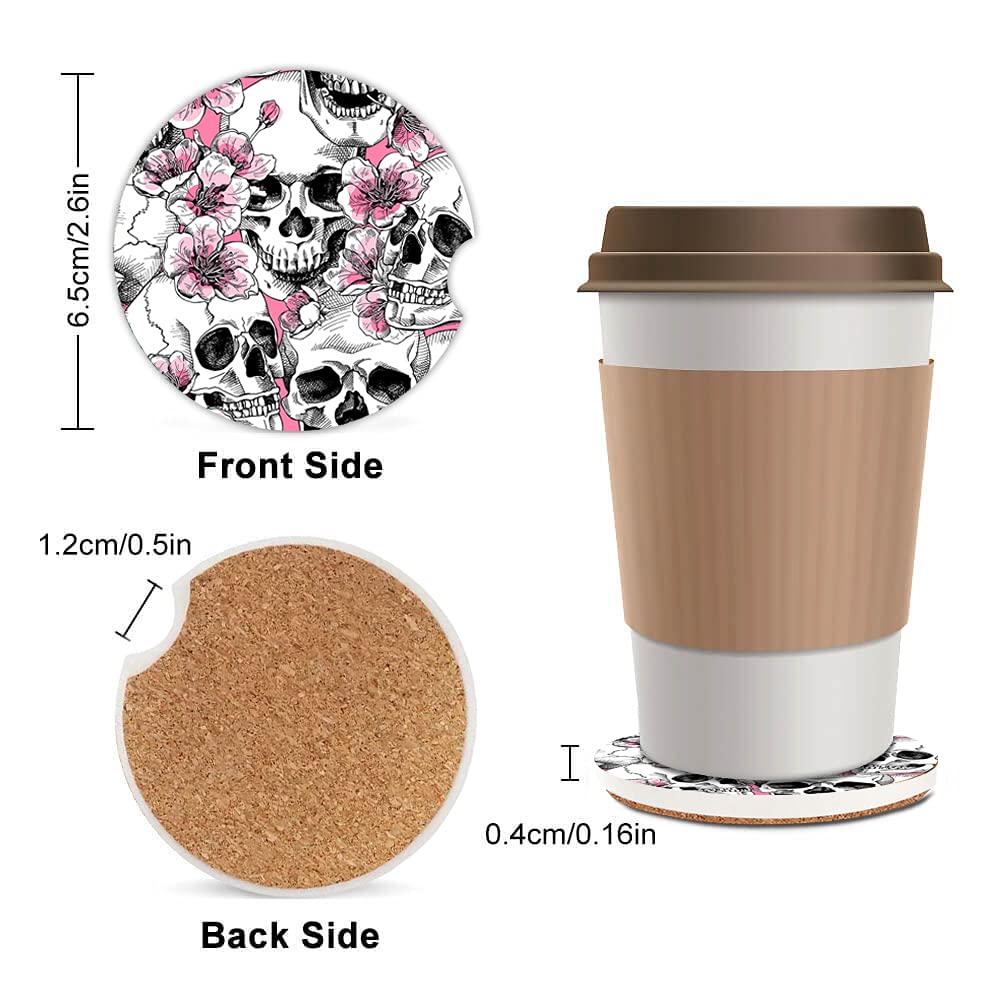 2 Pack Absorbent Car Coasters For Cup Holders,Floral Skull Ceramic Coasters With Cork Back And Finger Slot,Cool Cupholder Access