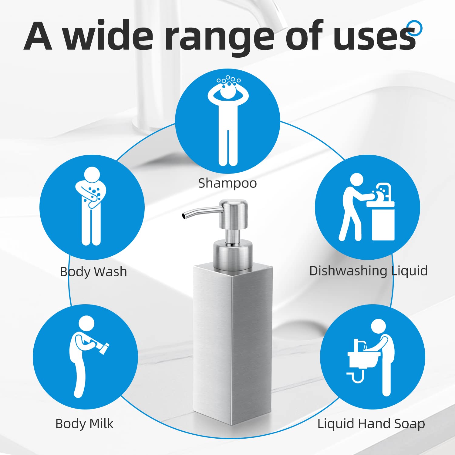 Glubee Stainless Steel Soap Dispenser, Rust-Proof Brushed Nickel Liquid Hand Dish Soap Dispenser Pump For Bathroom & Kitchen, 8.