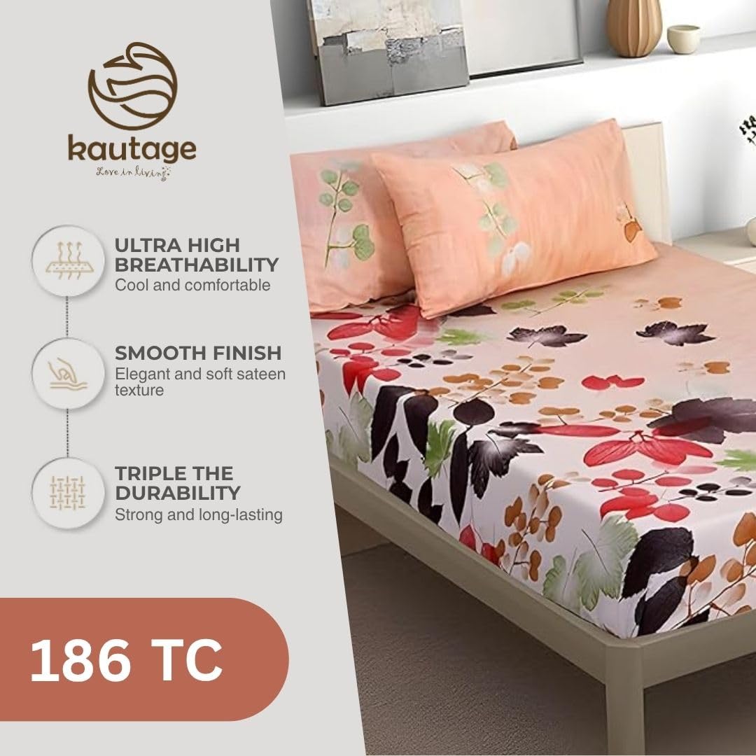 Kautage- Love In Living, Printed 100% Cotton, 186 Tc, Bedsheet With Two Pillow Covers (Peach, Double)