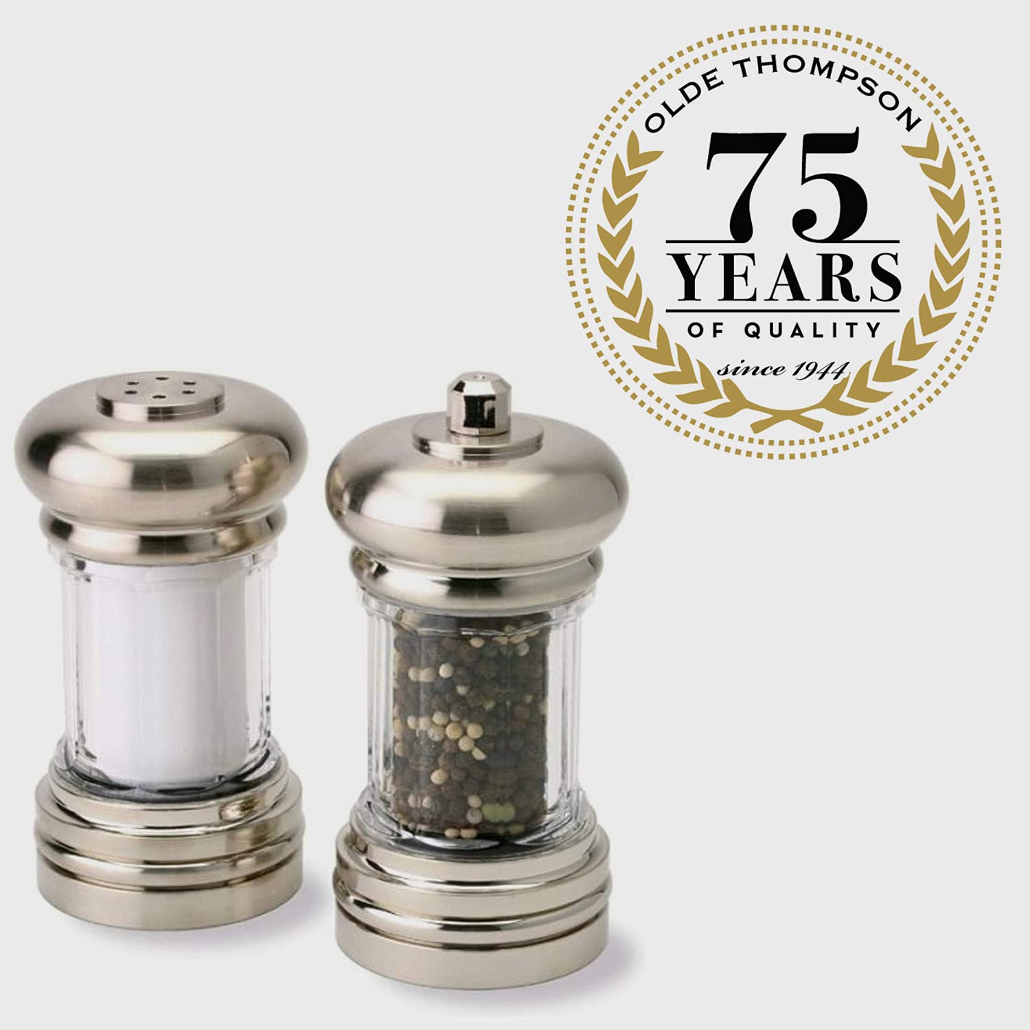 Olde Thompson - 7 Brushed Nickel Pepper Mill & Salt Shaker Set - Pre-Filled With Peppercorns And Pure Ocean Sea Salt, Fully Adju