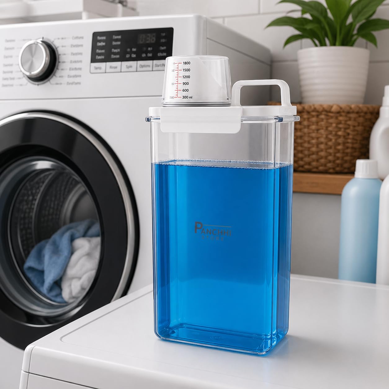 Panchhi Store 1800Ml Laundry Detergent Dispenser Clear Washing Powder Container Airtight Storage Jar Liquid Organizer Measuring 