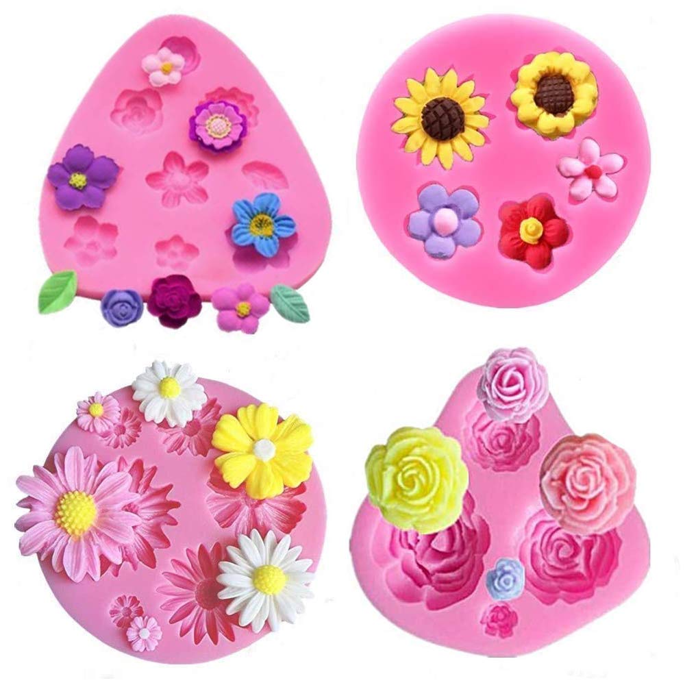 4Pcs/Set Mini Flower & Leaf Fondant Molds, Rose Daisy Sunflower Silicone Gumpaste Molds For Cake Cupcake Topper Decoration Small