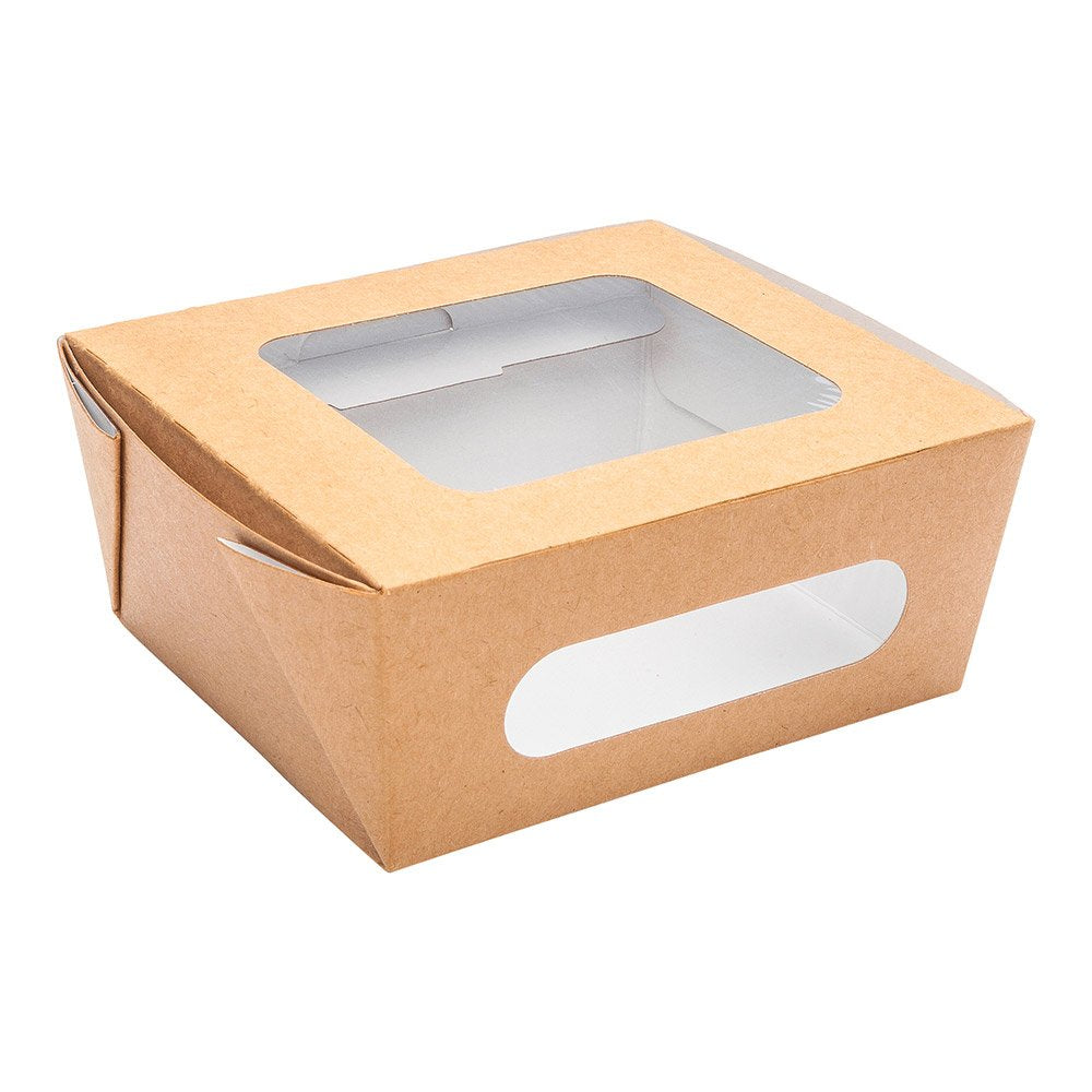 Restaurantware Cafe Vision 28 Ounce Food Boxes 200 Greaseproof Baked Goods Gift Boxes - Built-In Clamshell Lid 2 Windows Kraft P