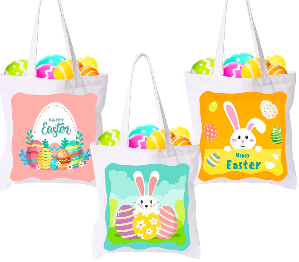 3 Pack Easter Gift Bags, Large Easter Bags With Handles, Canvas Easter Egg Bunny Treat Bags For Kids, Happy Easter Rabbit Bags,