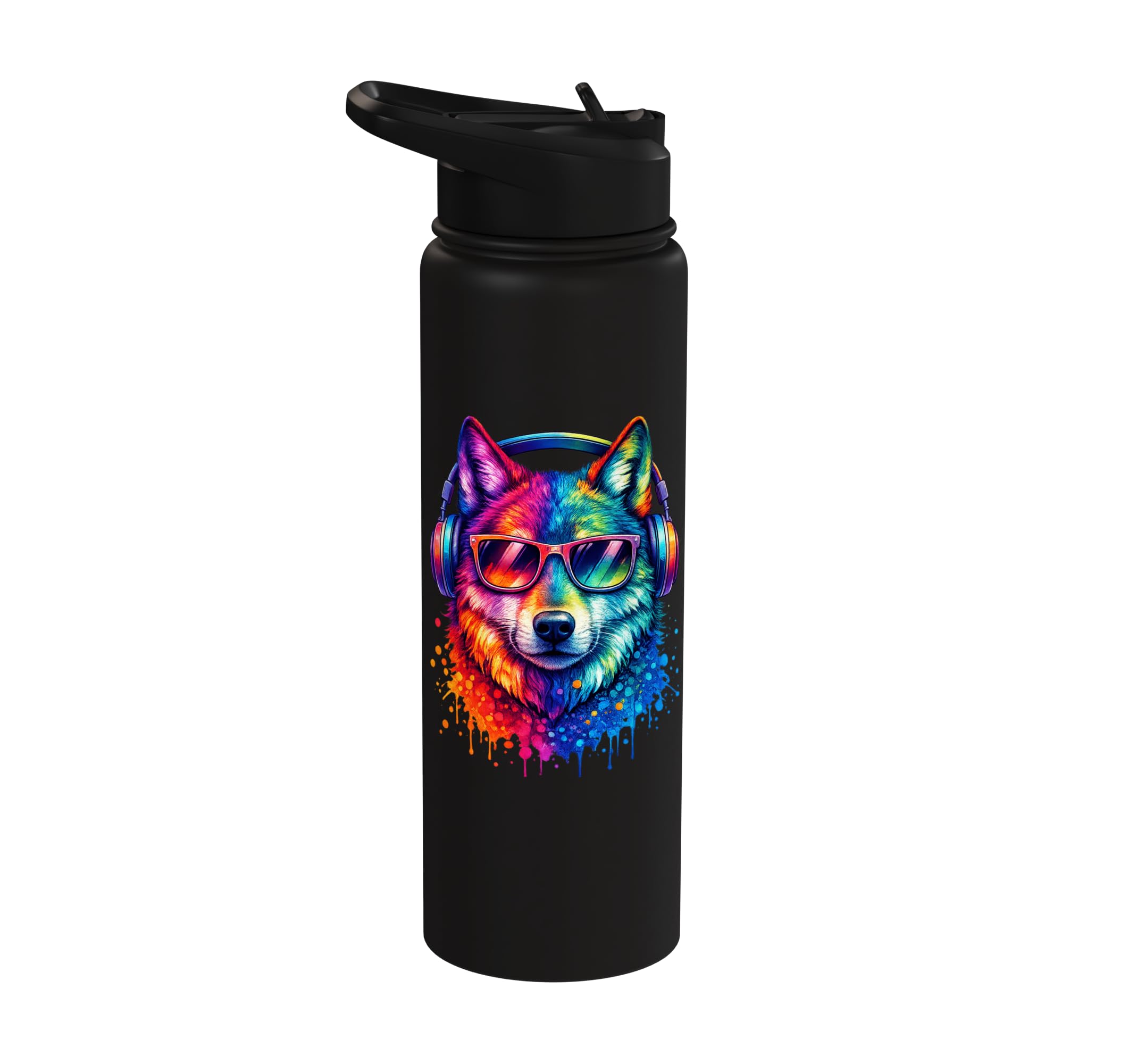 Sunglasse Rainbow Wolf Realistic Watercolor Paint Colorful Stainless Steel Insulated Water Bottle