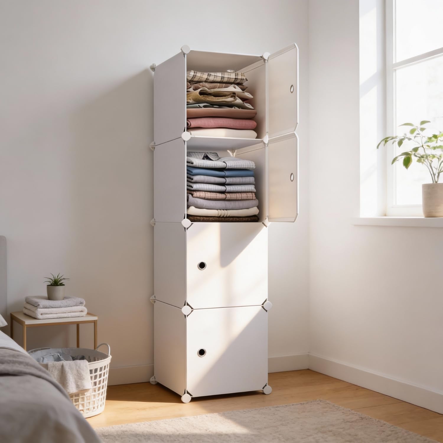 Krishyam 4Box Collapsible Cupboard, Soft Sheet Wardrobe, Almirah For Clothes, Storage Rack (White Plain)
