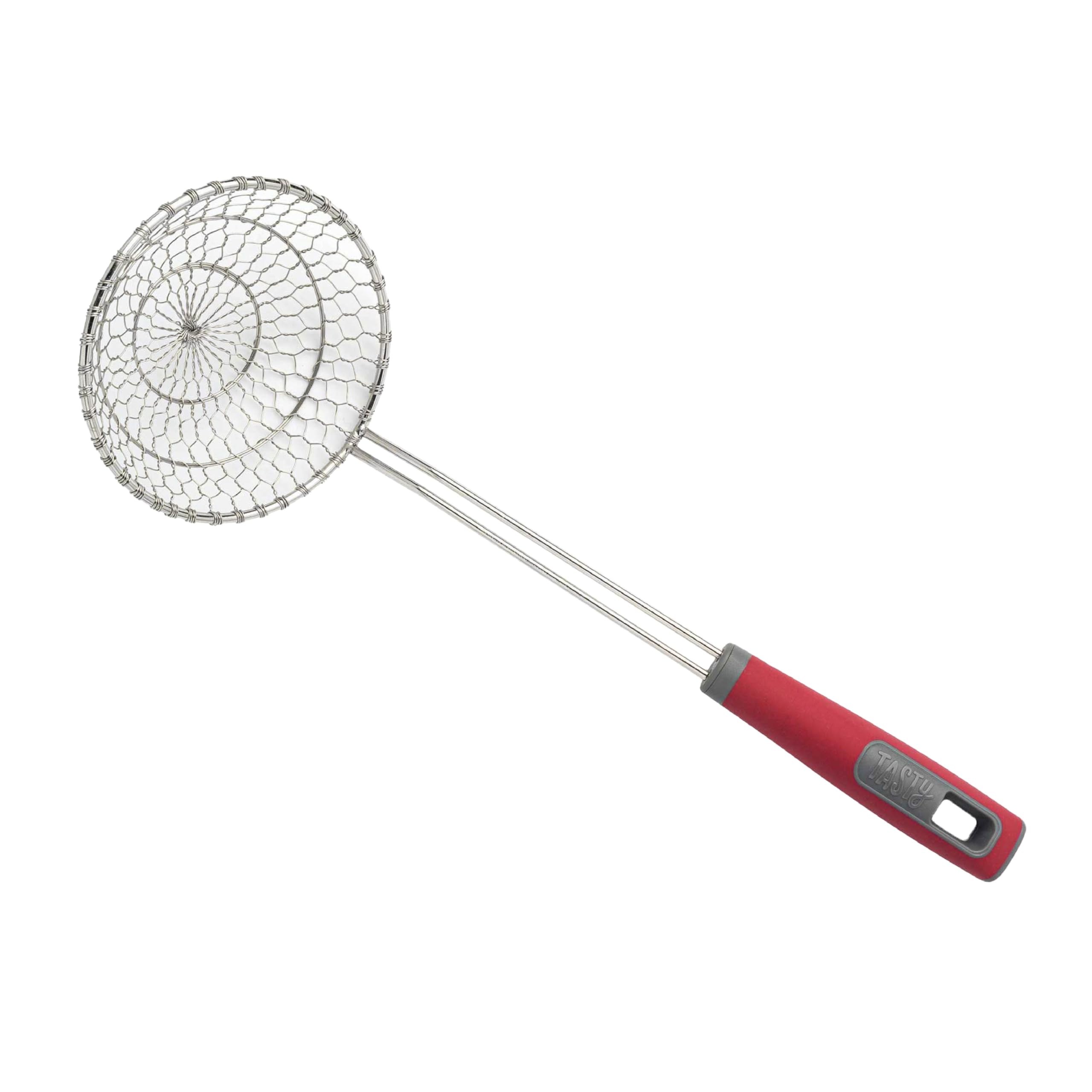 Tasty Stainless Steel Round Wire Skimmer, Comfort Grip Handle for Safe Scooping, Skimming and Serving, 5 Diameter, Red