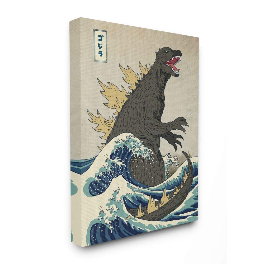 Stupell Industries Godzilla In The Waves Eastern Poster Style Illustration Canvas Wall Art Design By Artist Michael Buxton, 16 X