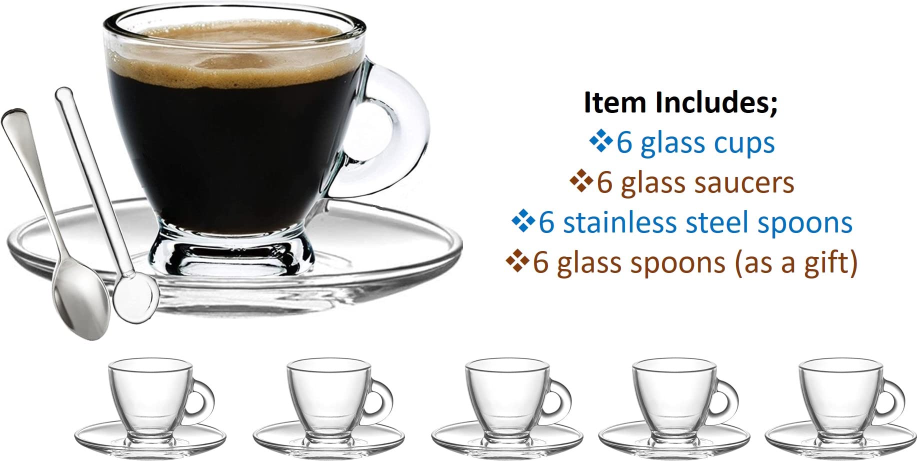 Espresso Cups  3.2 oz Small Demitasse Clear Glass Espresso Drinkware  Set Of Cups  Saucers and Stainless Steel mini Spoons + Free Glass Spoons (set of 6)