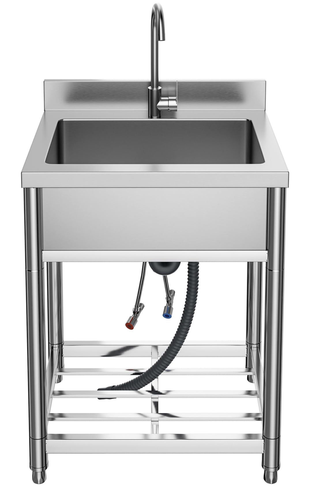 Stainless Steel Commercial Kitchen Sink, Free Standing, Single Bowl Sink Basin With Cold & Hot Water Faucet, Indoor And Outdoor