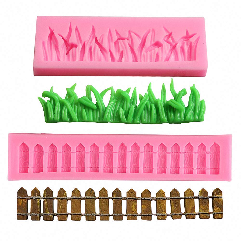 (Set Of 2) Green Grass And Garden Picket Fence Silicone Fondant Mold Chocolate Candy Gumpaste Mold Cake Border Decorating Tool P