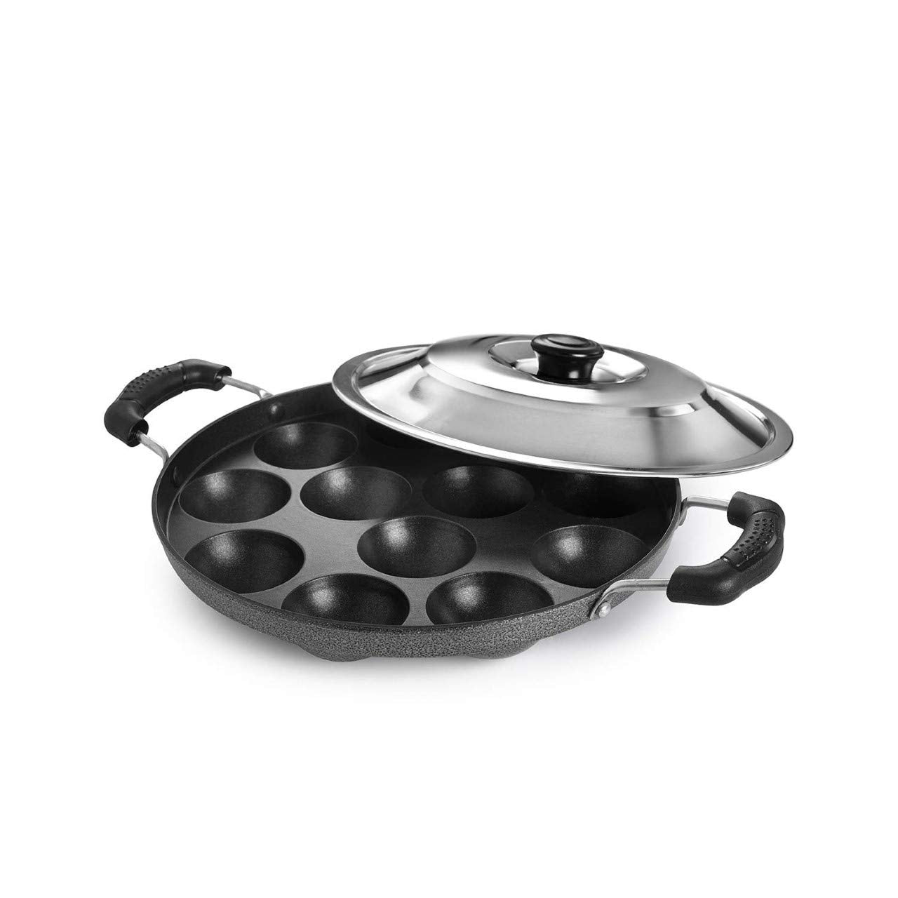 Tosaa 12 Cavity Appam Patra Side Handle with Lid, 23 cm, Black
