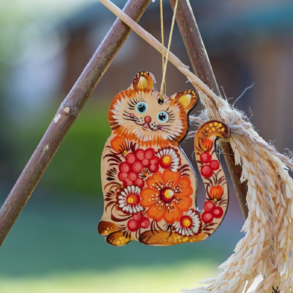 Ukrainian Traditional Hand painted Cat Christmas Tree Ornament Wooden Animal Hanging Decoration 3,3 ? 2,8 ? 0,2 Inch | 7 ? 8,5 ?