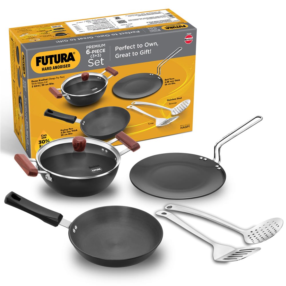 Hawkins Futura 6-Piece Hard Anodised Induction Gift Set - 2L Kadhai, 20Cm Frying Pan, 26Cm Tava, Glass Lid, Stainless Steel Skim