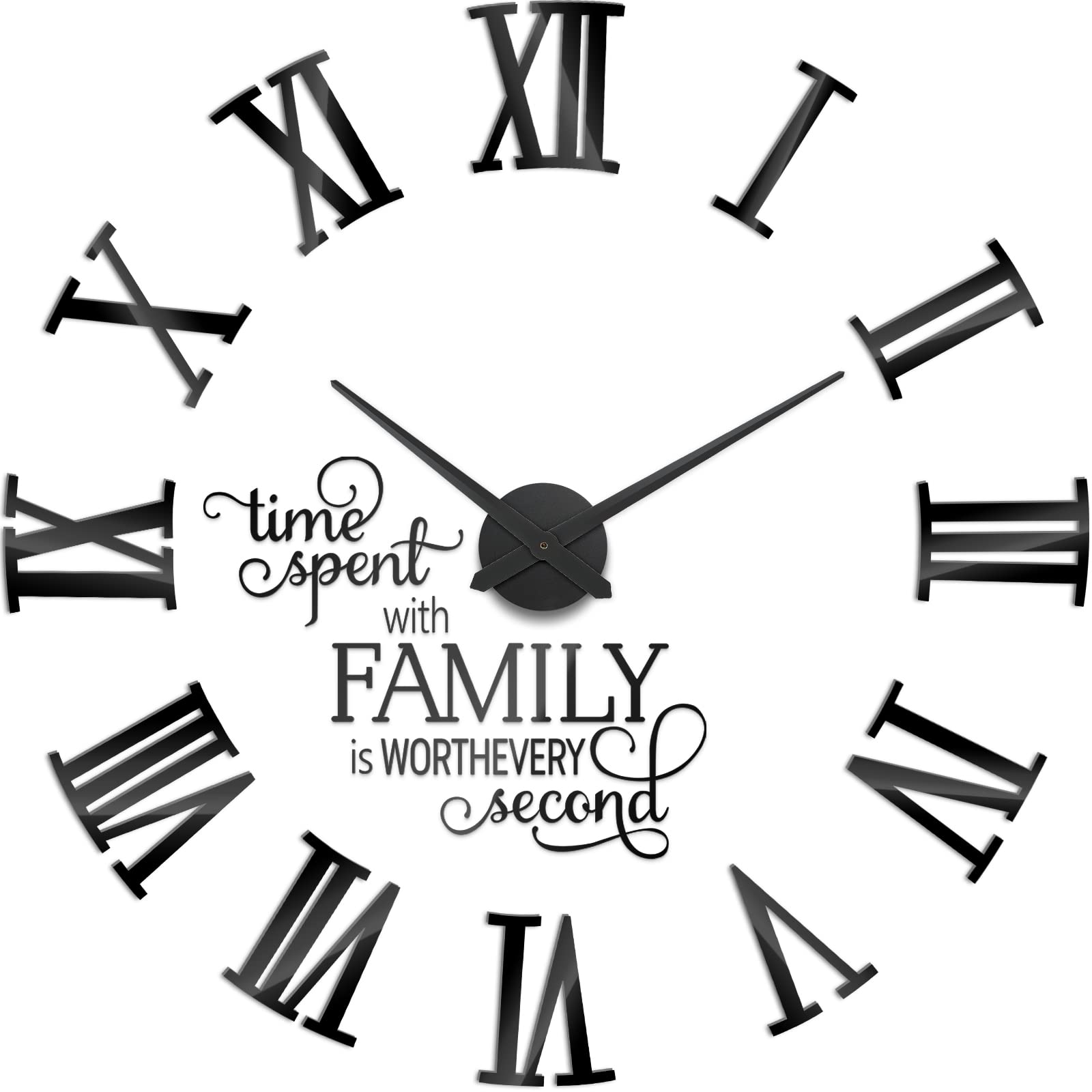 Junkin Frameless Large 3D DIY Wall Clock, Giant Roman Numerals Family Quote Wall Stickers Clock, 23.62-47.24 Inch Adjustable Siz