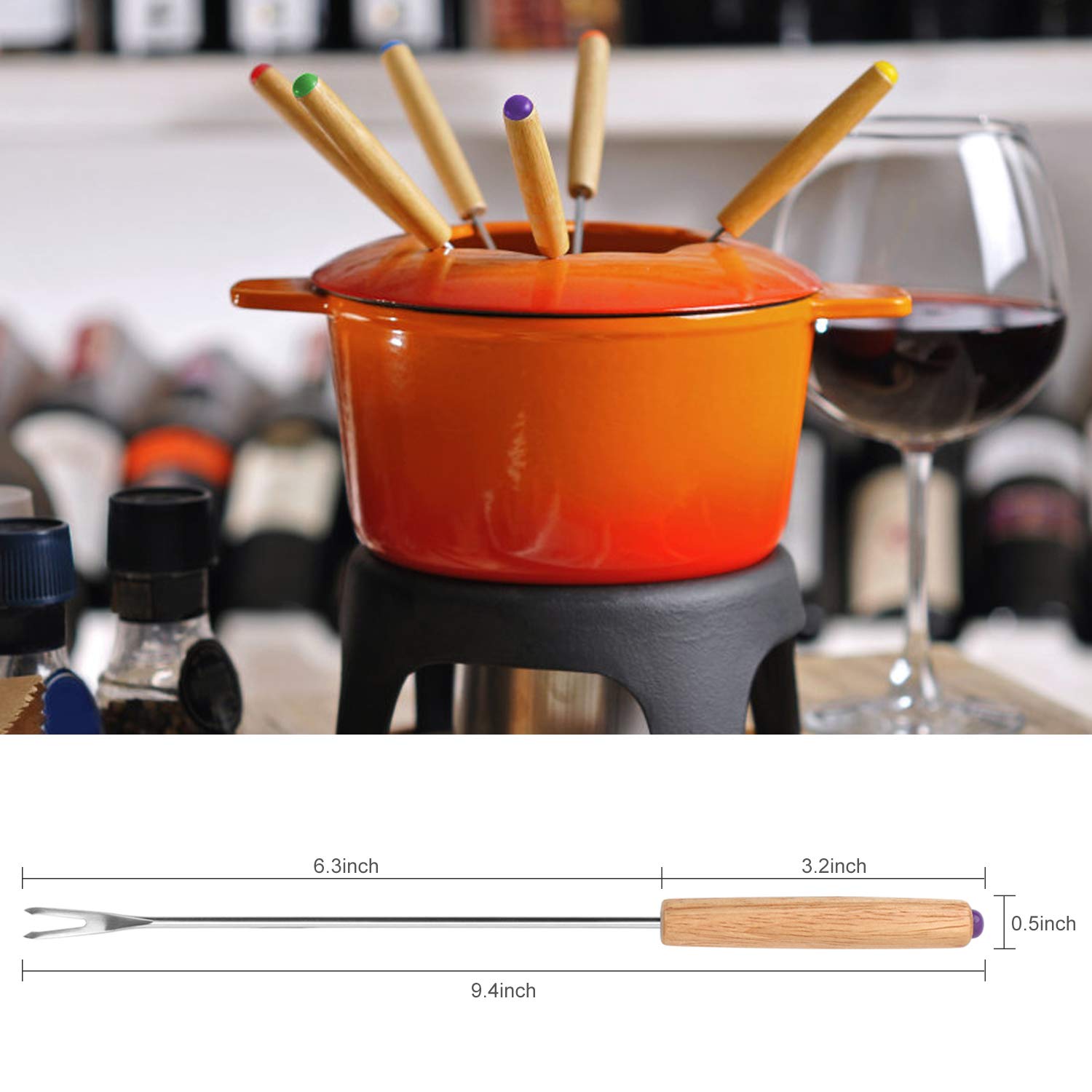 STYDDI Fondue Fork Set - 18Pcs Stainless Steel, Wooden Handle, 9.5 Inch, Multicolor for Chocolate Fountain & Cheese Fondue