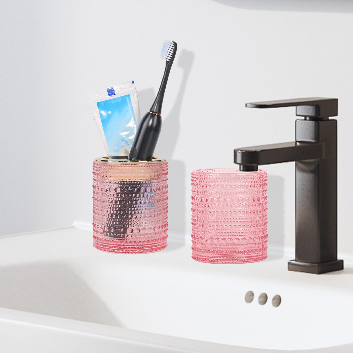 Tonxus Pink Toothbrush Holders,2Pcs Glass Toothbrush Holder Set,Clear 10Oz Bathroom Tumbler,Gold Toothbrush And Toothpaste Cup H